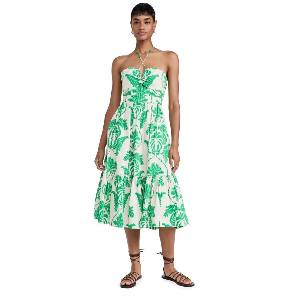 Andres Otalora Floridita tropical green leaf‎ print Midi Dress boho